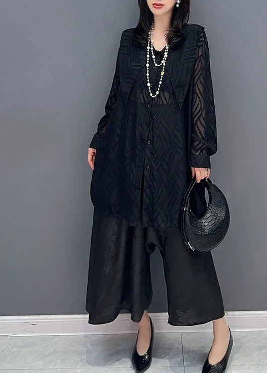 Elegant Black Print Button Chiffon Shirts And Wide Leg Pants Two Pieces Set Summer LY4325