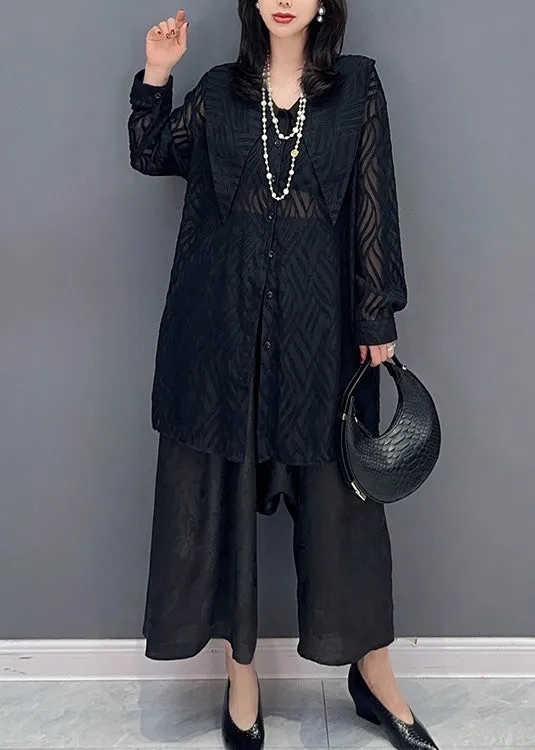 Elegant Black Print Button Chiffon Shirts And Wide Leg Pants Two Pieces Set Summer LY4325