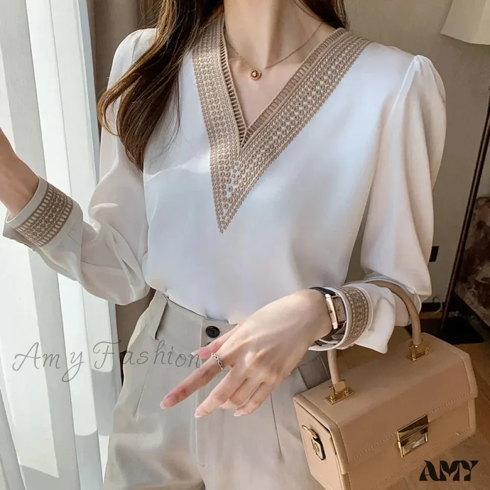 Elegant Chiffons Fashion Casual Loose Long Sleeve Lady Embroidery Tops Blouse