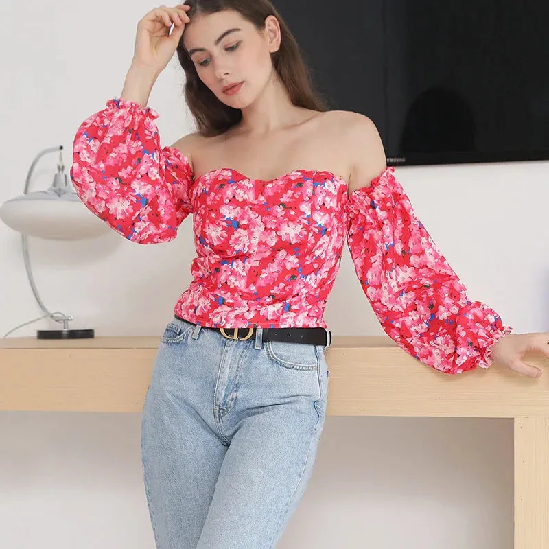 Elegant Floral Backless Off Shoulder White Blouse