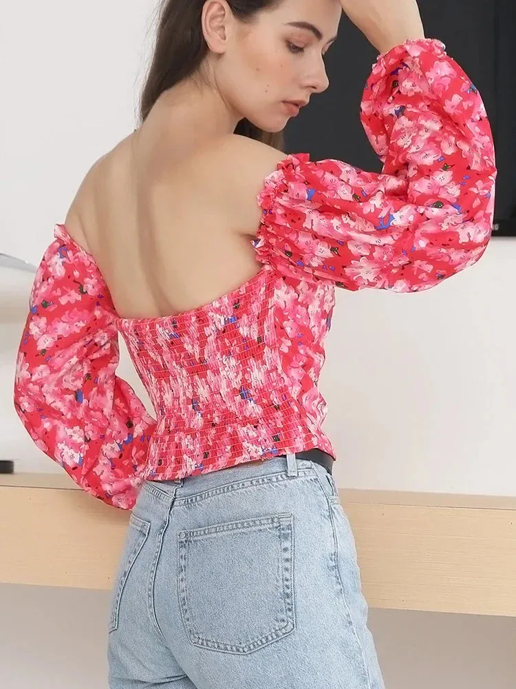 Elegant Floral Backless Off Shoulder White Blouse