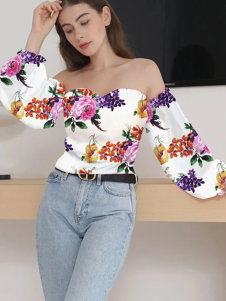 Elegant Floral Backless Off Shoulder White Blouse