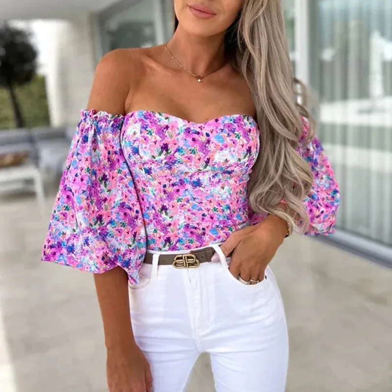 Elegant Floral Backless Off Shoulder White Blouse