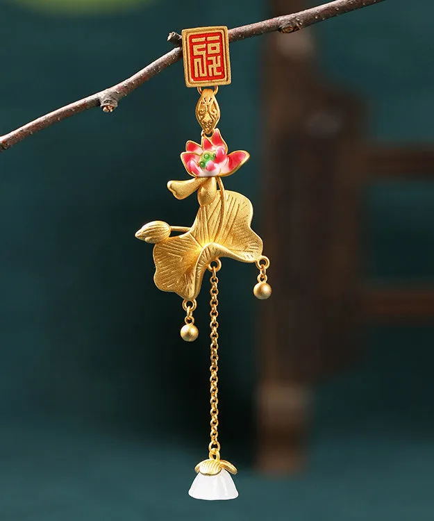 Elegant Gold Ancient Gold Jade Lotus Tassel Brooches KX1072