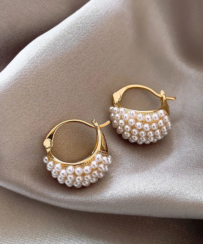 Elegant Gold Copper Alloy Pearl Hoop Earrings WH056