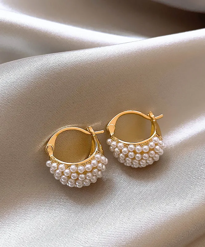 Elegant Gold Copper Alloy Pearl Hoop Earrings WH056