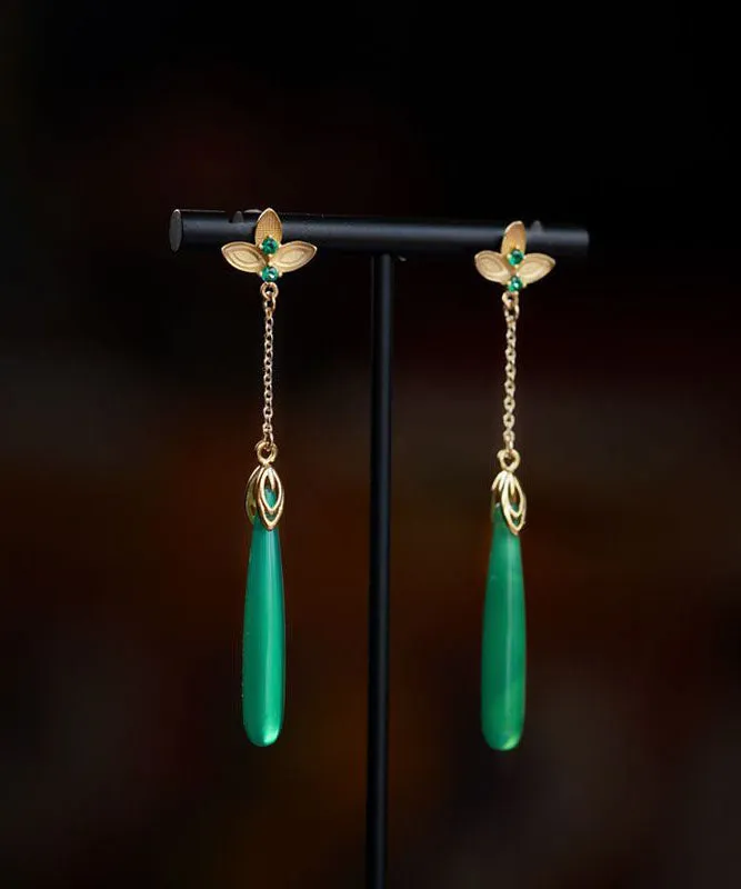 Elegant Green Sterling Silver Green Agate Water Drop Tassel Drop Earrings TW1058