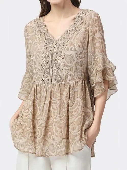 Elegant V-neck Lace Chiffon Shirts