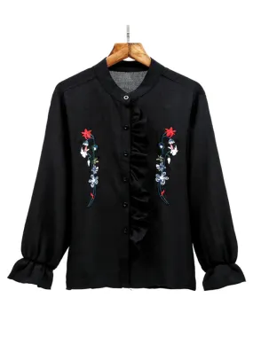 Elegant Women Embroidery Stand Collar Long Sleeve Shirts