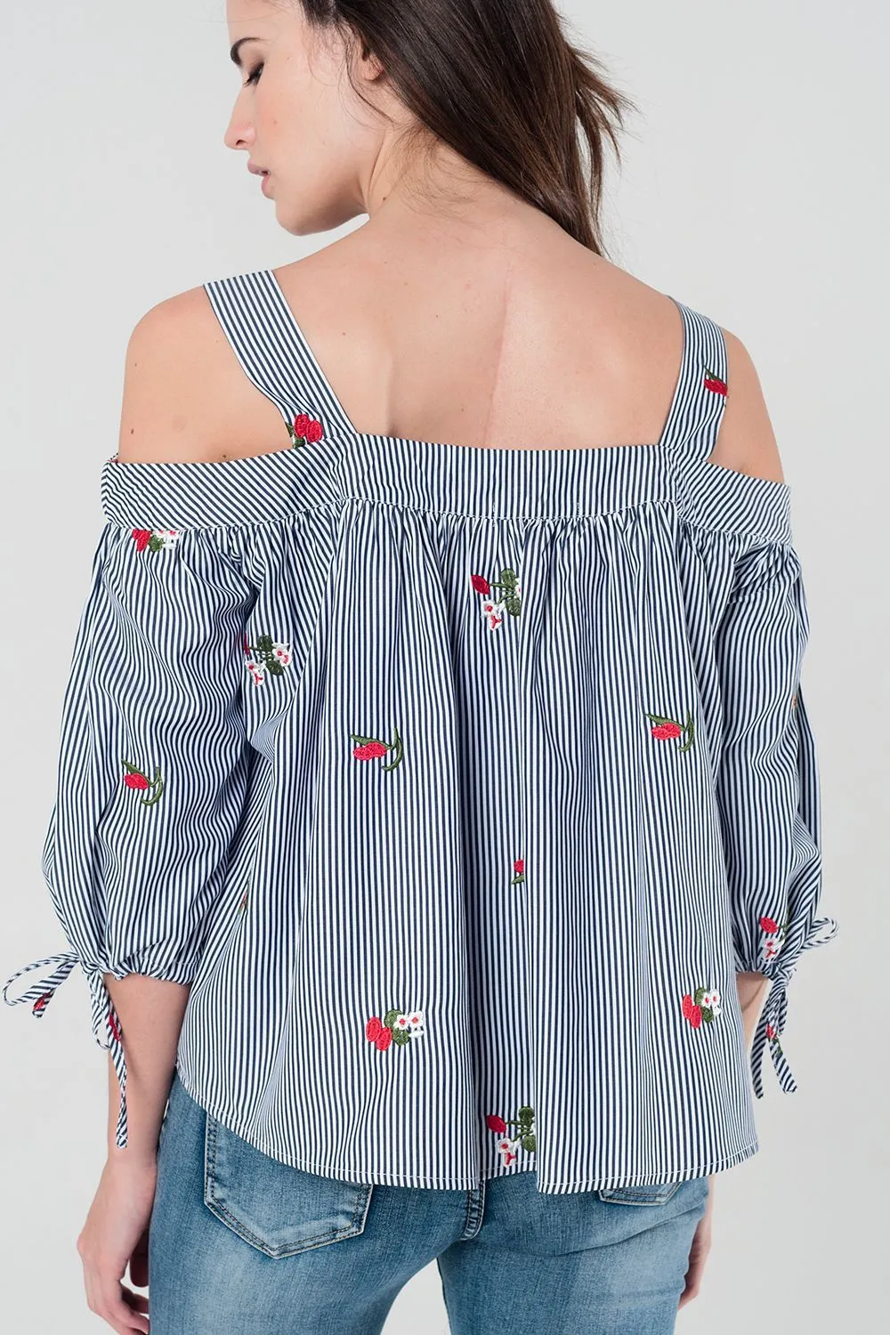 Embroidered Cold Shoulder Striped Top in Navy