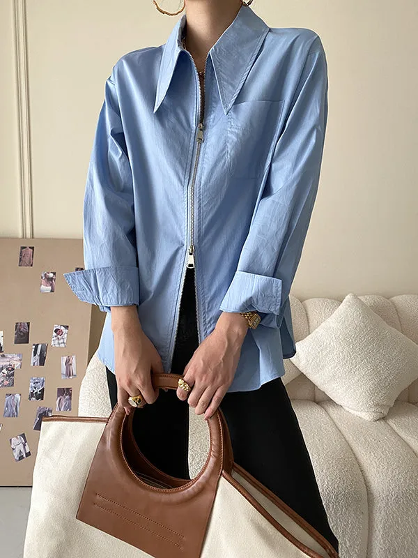 Fashion Long Sleeves Solid Color Zipper Lapel Collar Blouses