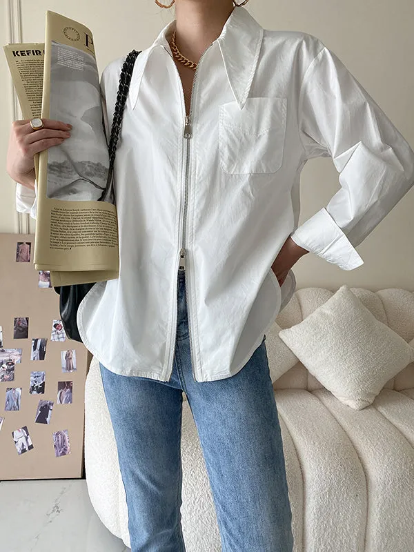 Fashion Long Sleeves Solid Color Zipper Lapel Collar Blouses