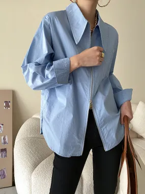 Fashion Long Sleeves Solid Color Zipper Lapel Collar Blouses