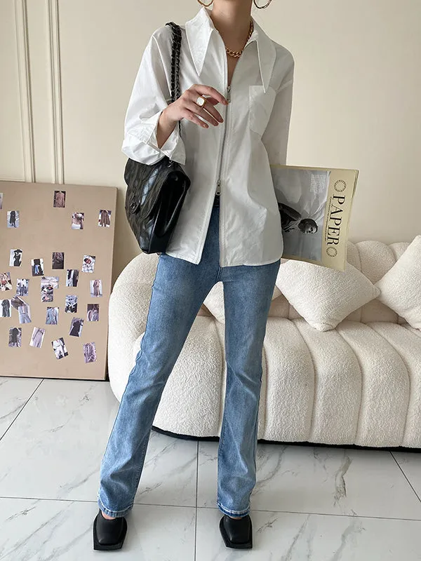 Fashion Long Sleeves Solid Color Zipper Lapel Collar Blouses