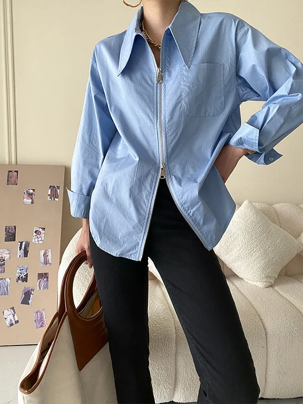 Fashion Long Sleeves Solid Color Zipper Lapel Collar Blouses