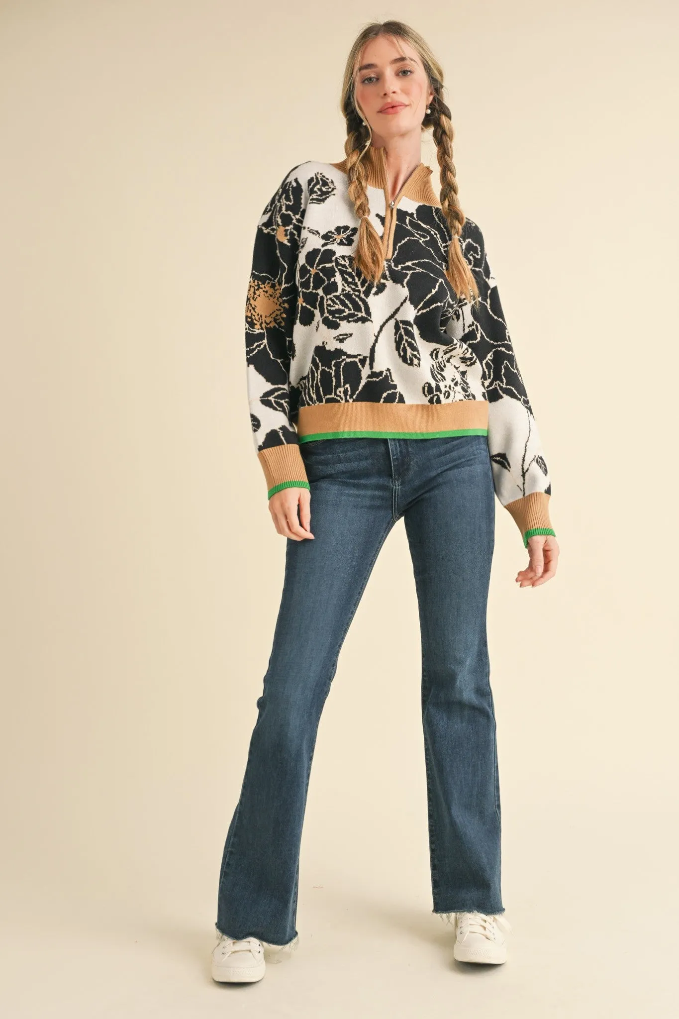 FLORAL 1/2 ZIP SWEATER