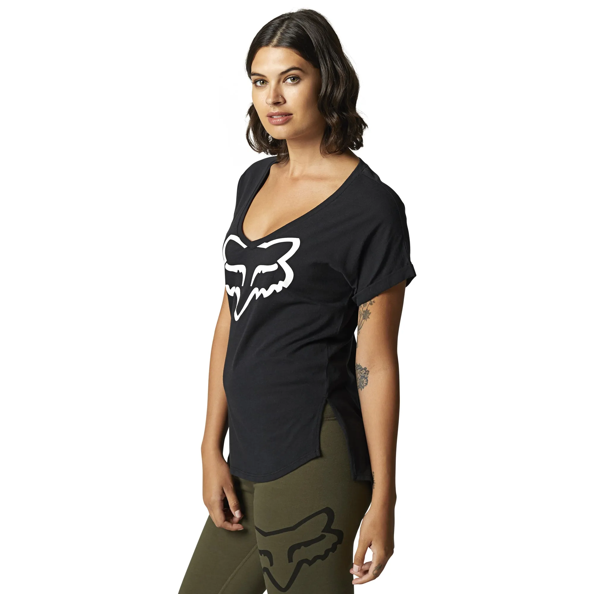 Fox Racing  Womens Black Boundary T-Shirt Short Sleeve V-Neck Relaxed Comfy Tee