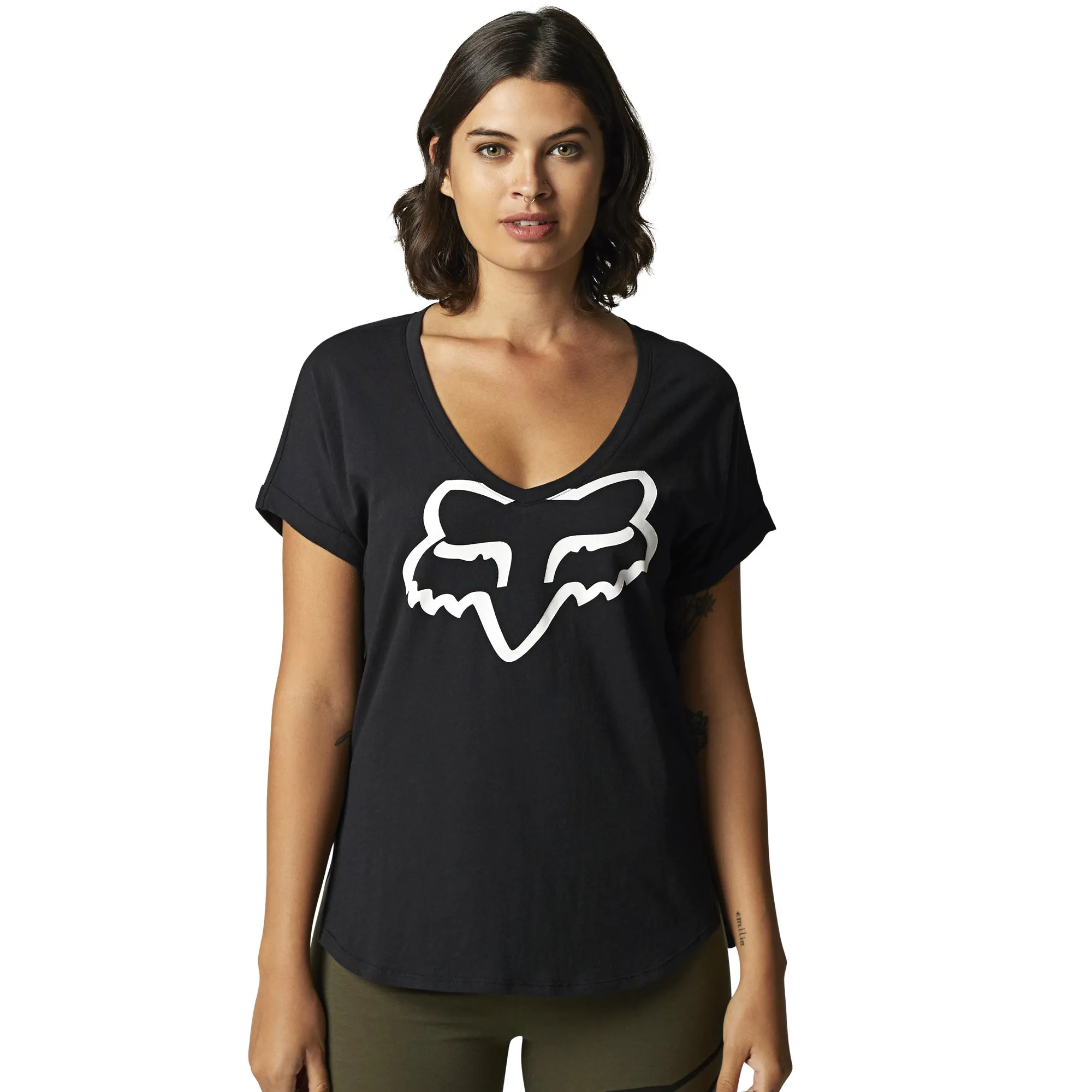 Fox Racing  Womens Black Boundary T-Shirt Short Sleeve V-Neck Relaxed Comfy Tee