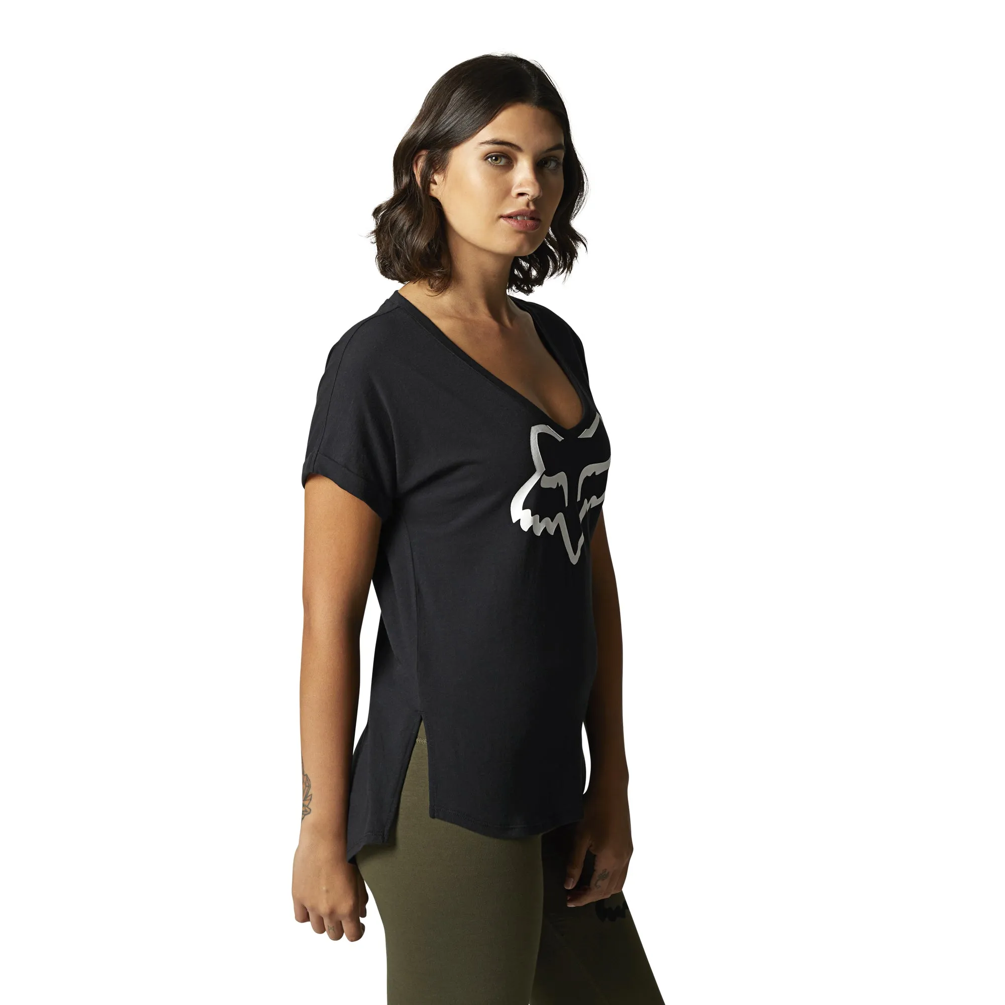 Fox Racing  Womens Black Boundary T-Shirt Short Sleeve V-Neck Relaxed Comfy Tee