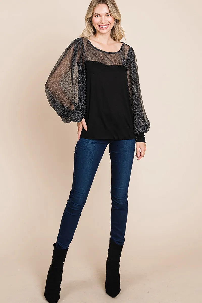 Full Size Metallic Mesh Lantern Sleeve Blouse