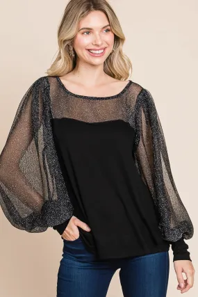 Full Size Metallic Mesh Lantern Sleeve Blouse