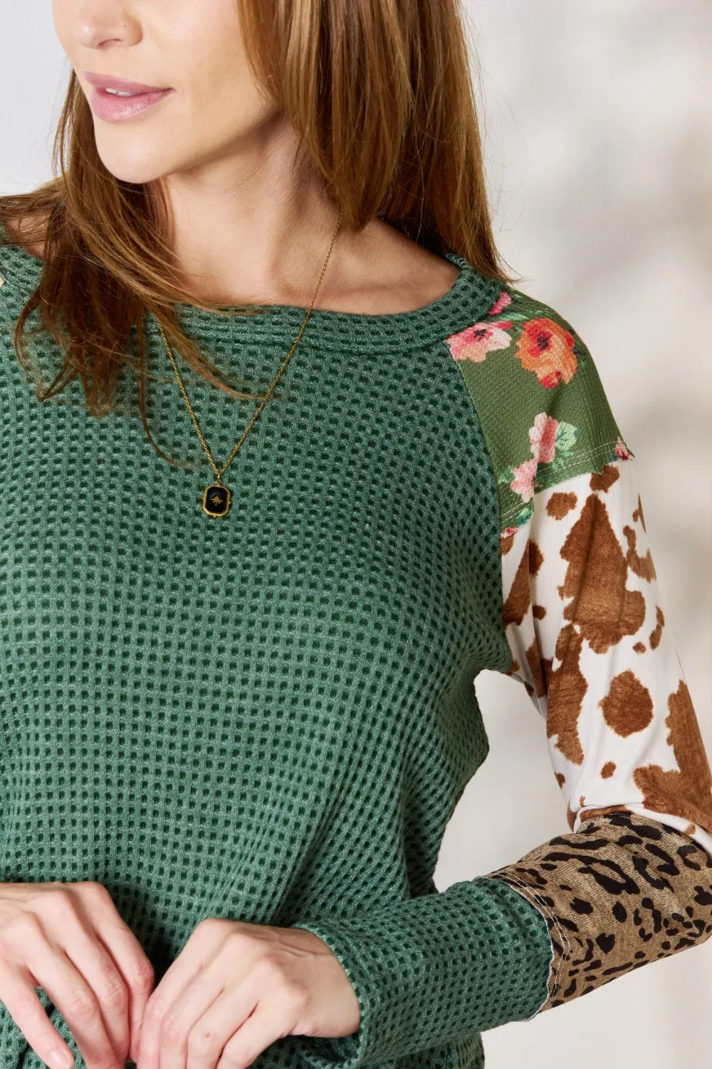 Full Size Waffle-Knit Leopard Blouse