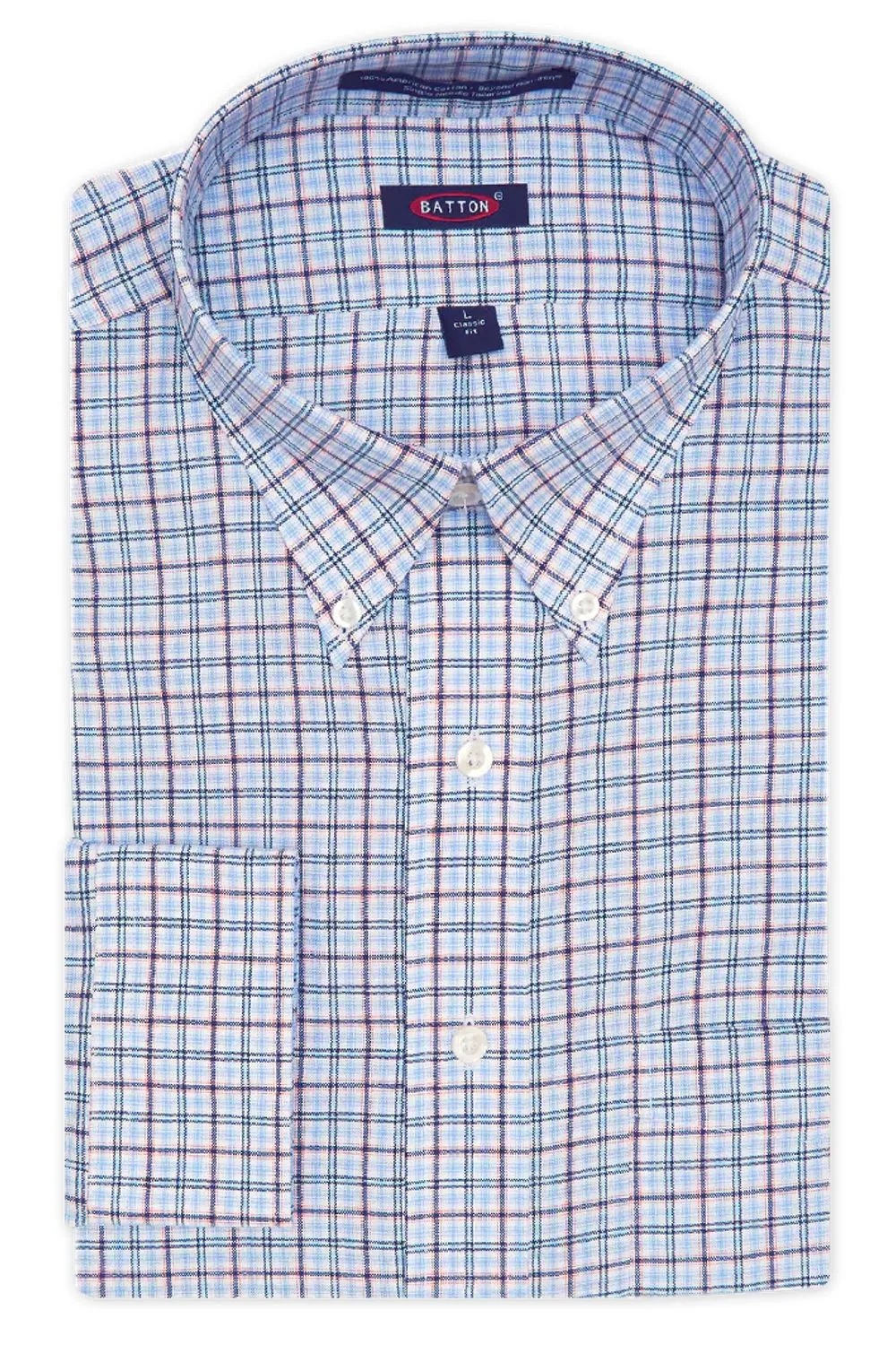 'Gabriel' Blue, Navy, and Coral Plaid Long Sleeve Beyond Non-Iron® Cotton Sport Shirt by Batton