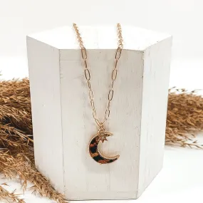 Gold Paperclip Chain Necklace with Moon Pendant and Star Charm in Brown Animal Print