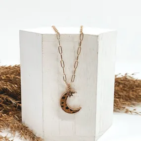 Gold Paperclip Chain Necklace with Moon Pendant and Star Charm in Brown Dotted Print