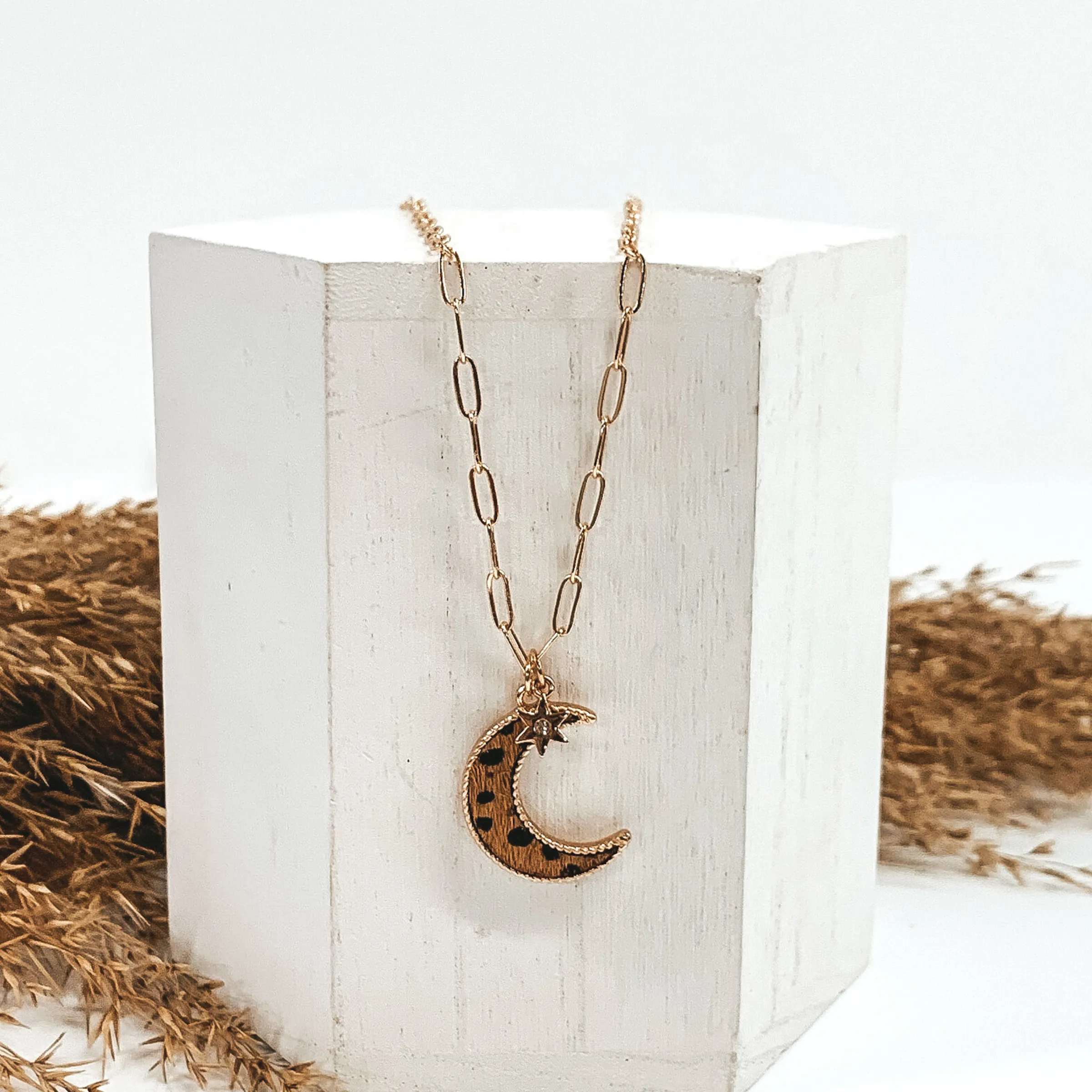 Gold Paperclip Chain Necklace with Moon Pendant and Star Charm in Brown Dotted Print