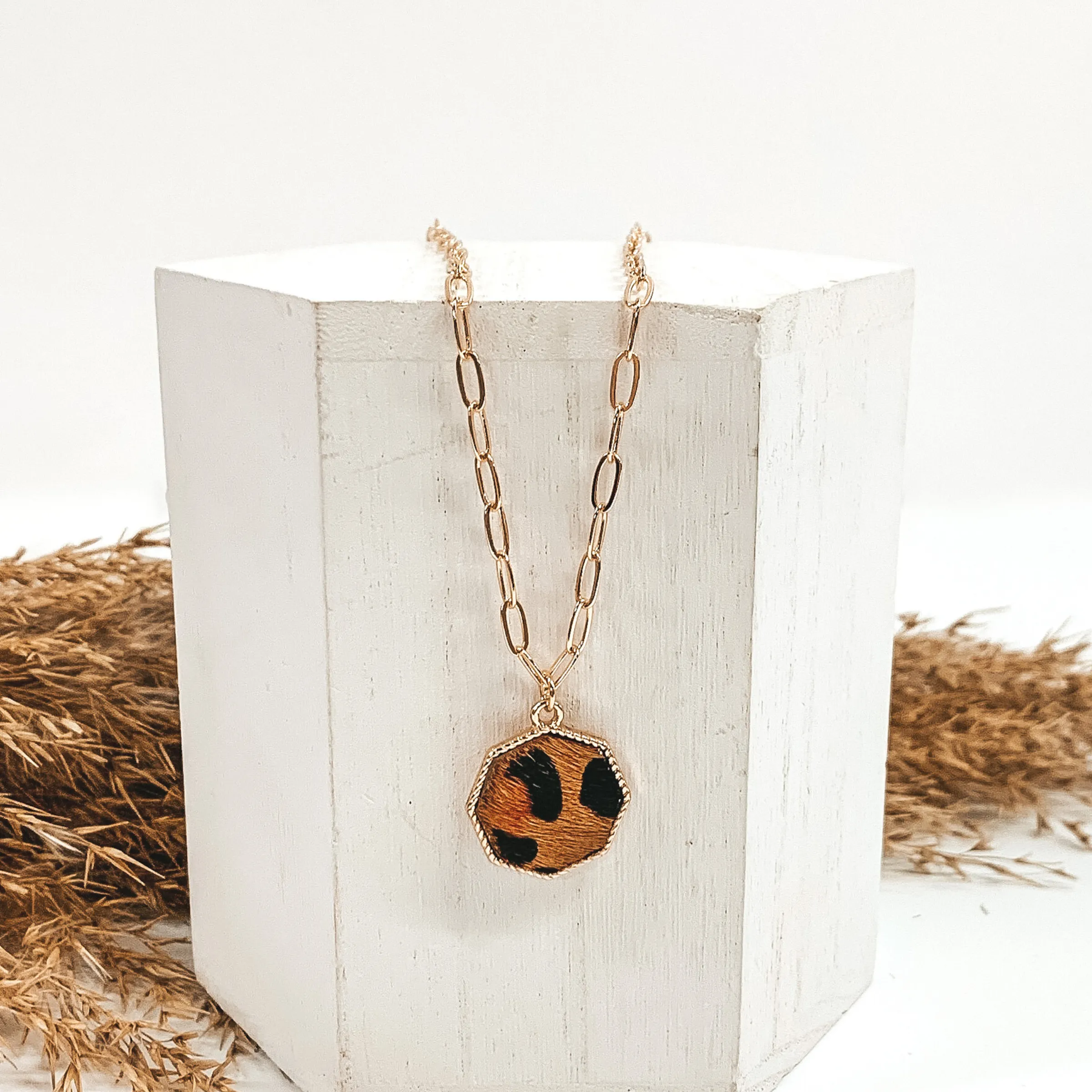 Gold Paperclip Chain Necklace with Octagon Pendant in Brown Animal Print