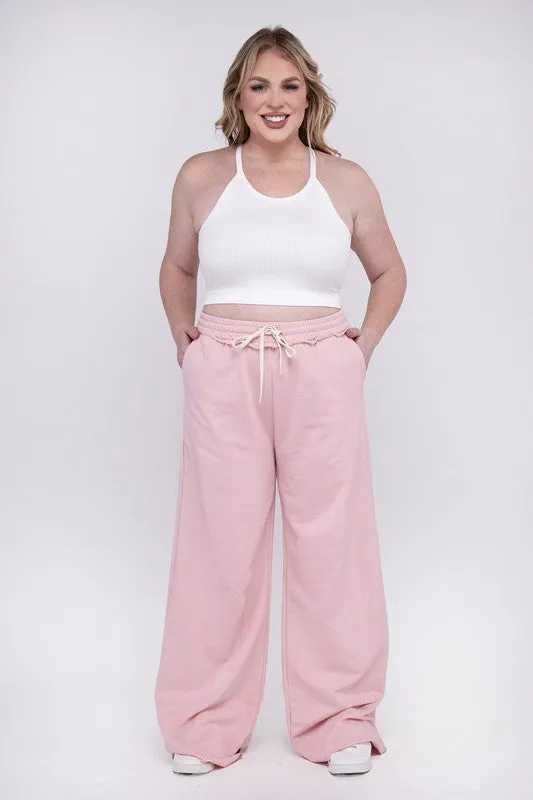 Hi Curvy Plus Size Women F/Terry Drawstring Waist Raw Edge Hem Pants