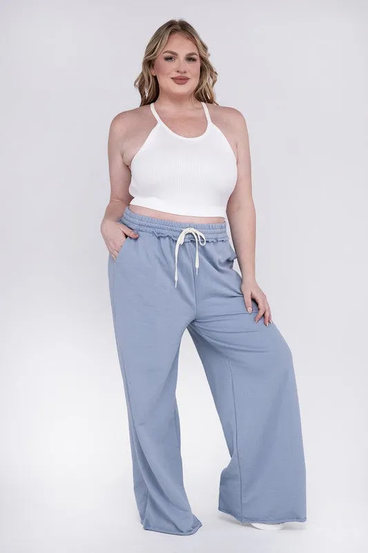 Hi Curvy Plus Size Women F/Terry Drawstring Waist Raw Edge Hem Pants