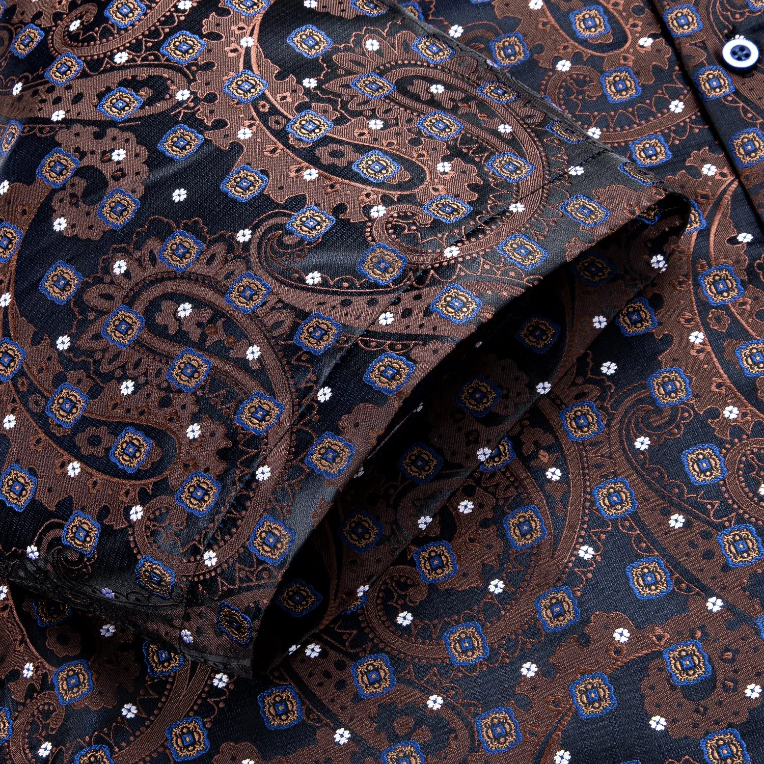 Hi-Tie Blue Brown Novelty Paisley Silk Men's Short Sleeve Dress Shirt