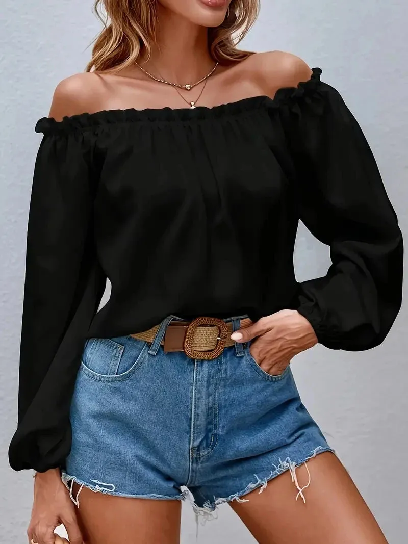 Hnzxzm Solid Color Blouse Off Shoulder Ruffle Trim Blouse 2024 Women's Shirts & Blouses For Autumn Elegant Lantern Sleeves Shirts