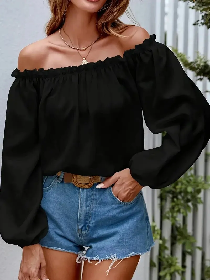 Hnzxzm Solid Color Blouse Off Shoulder Ruffle Trim Blouse 2024 Women's Shirts & Blouses For Autumn Elegant Lantern Sleeves Shirts