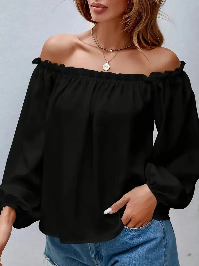 Hnzxzm Solid Color Blouse Off Shoulder Ruffle Trim Blouse 2024 Women's Shirts & Blouses For Autumn Elegant Lantern Sleeves Shirts