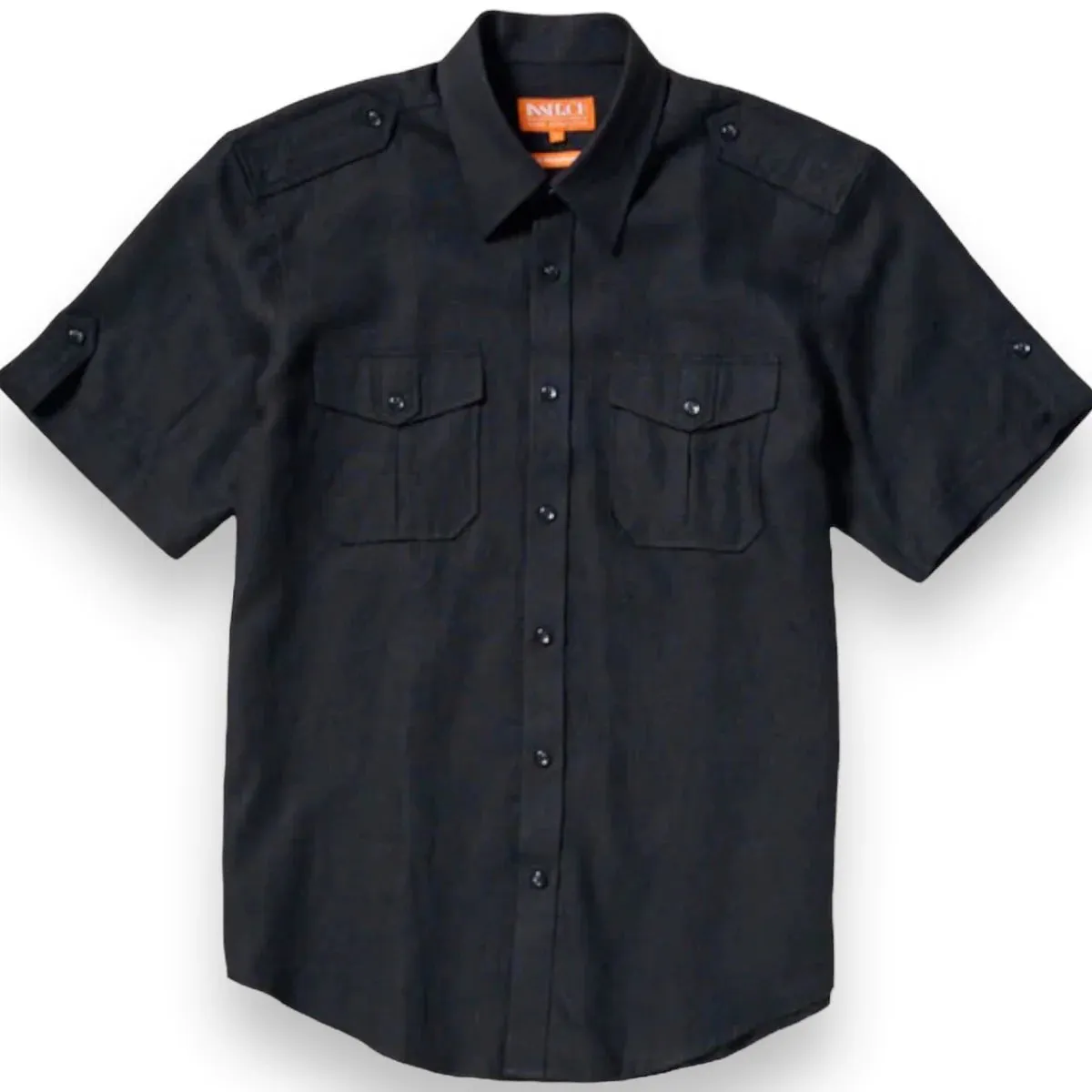 Inserch men's black linen shirt double flap pockets casual shirt