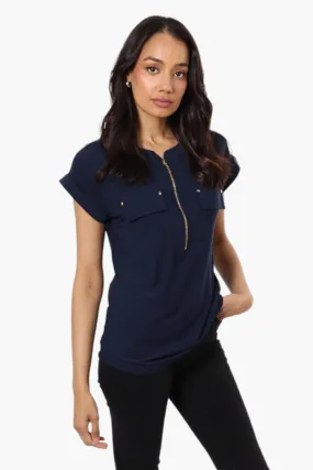 International INC Company Front Zip Cap Sleeve Blouse - Navy