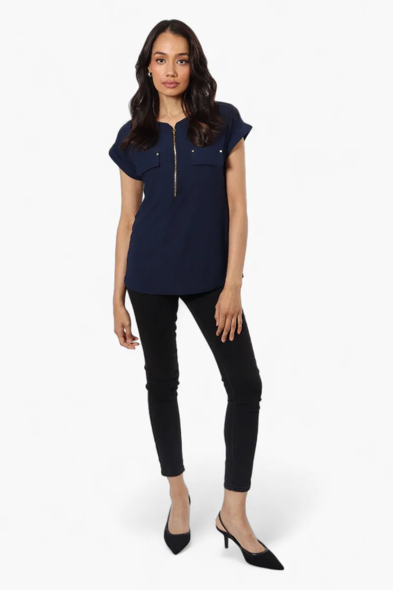 International INC Company Front Zip Cap Sleeve Blouse - Navy