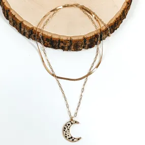 Layered Herringbone Chain Necklace in Gold Tone with Moon Pendant in White Dotted Print