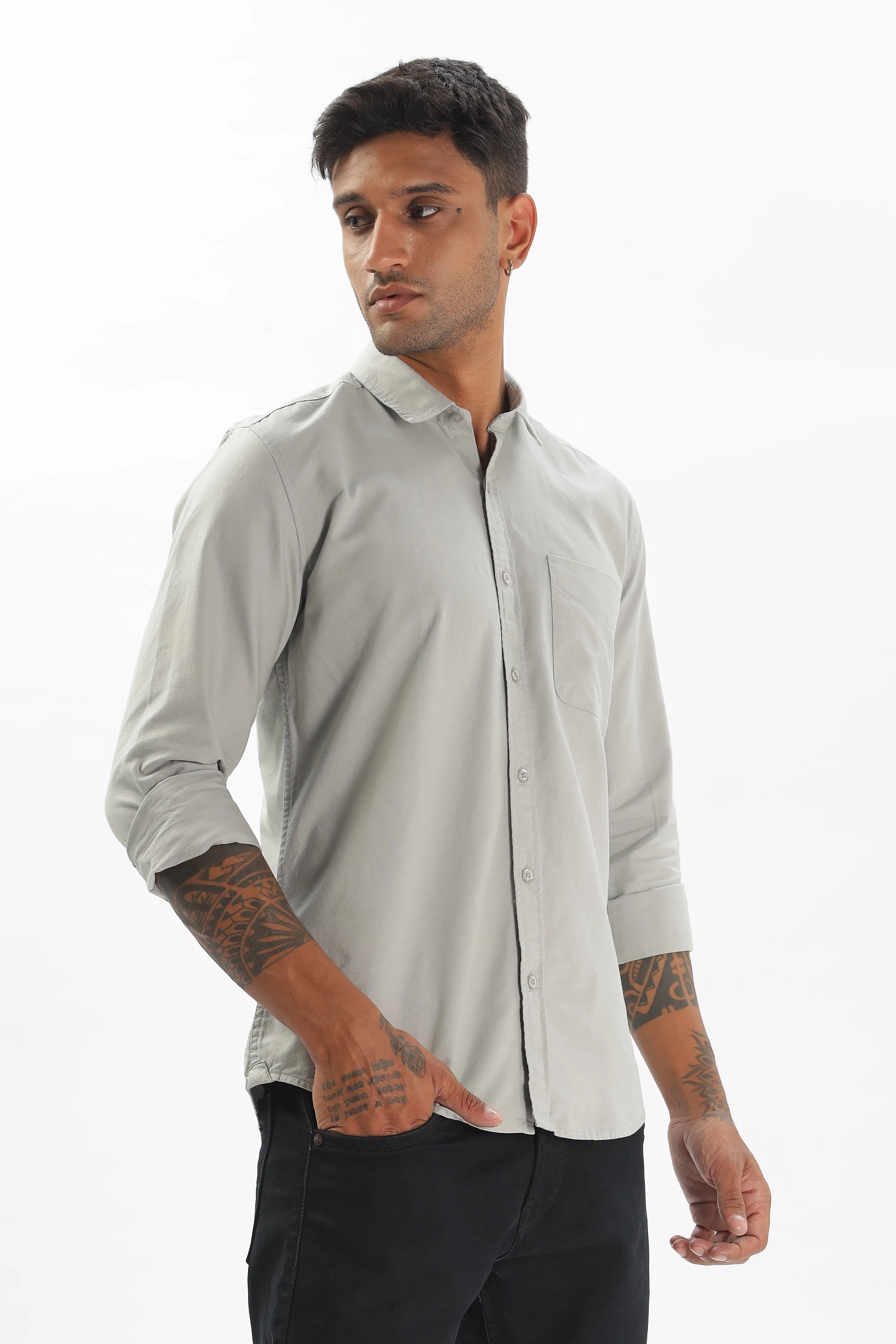 Light Gray Regular Fit Plain Full Sleeve Shirt