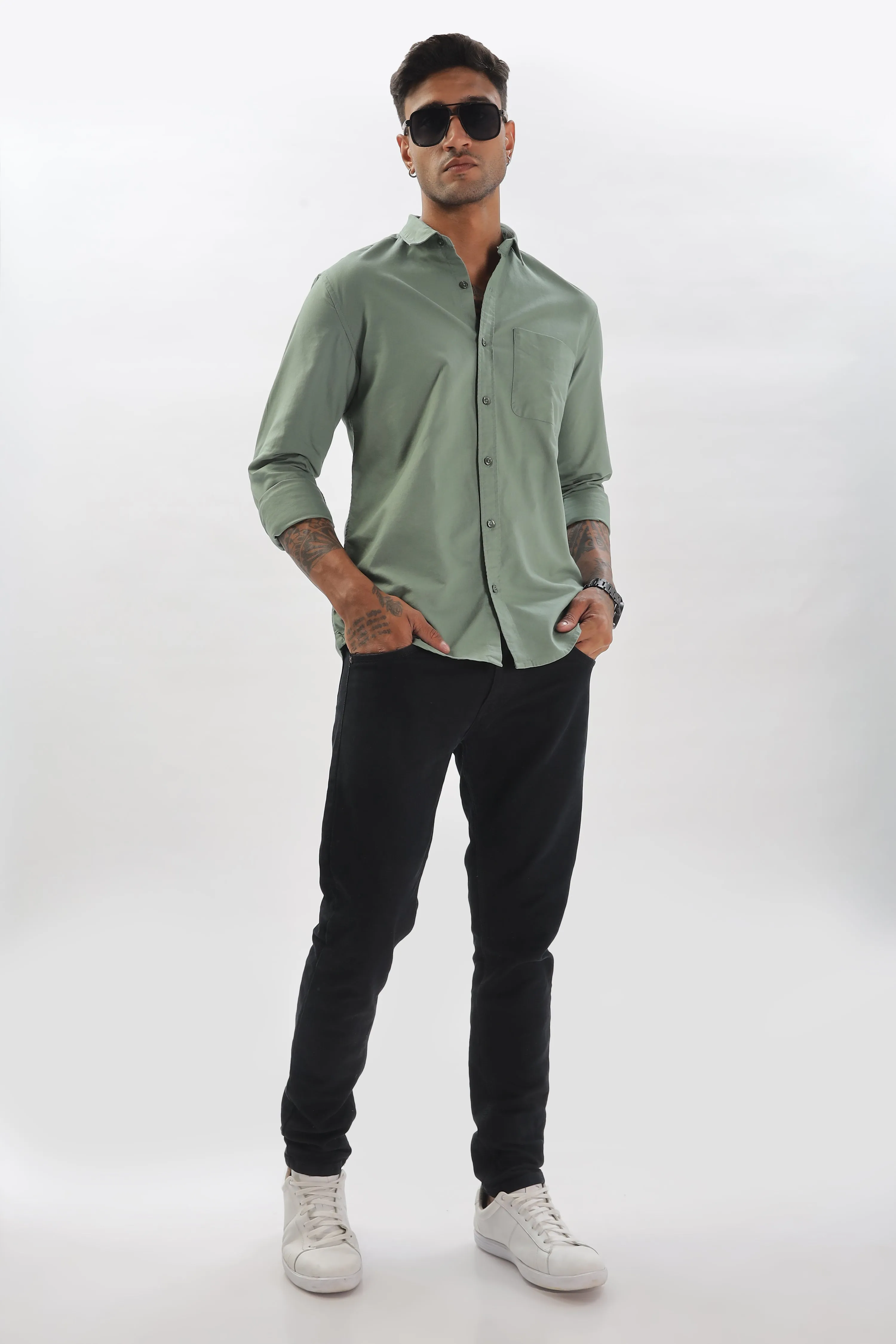 Light Green Regular Fit Plain Full Sleeve Shirt