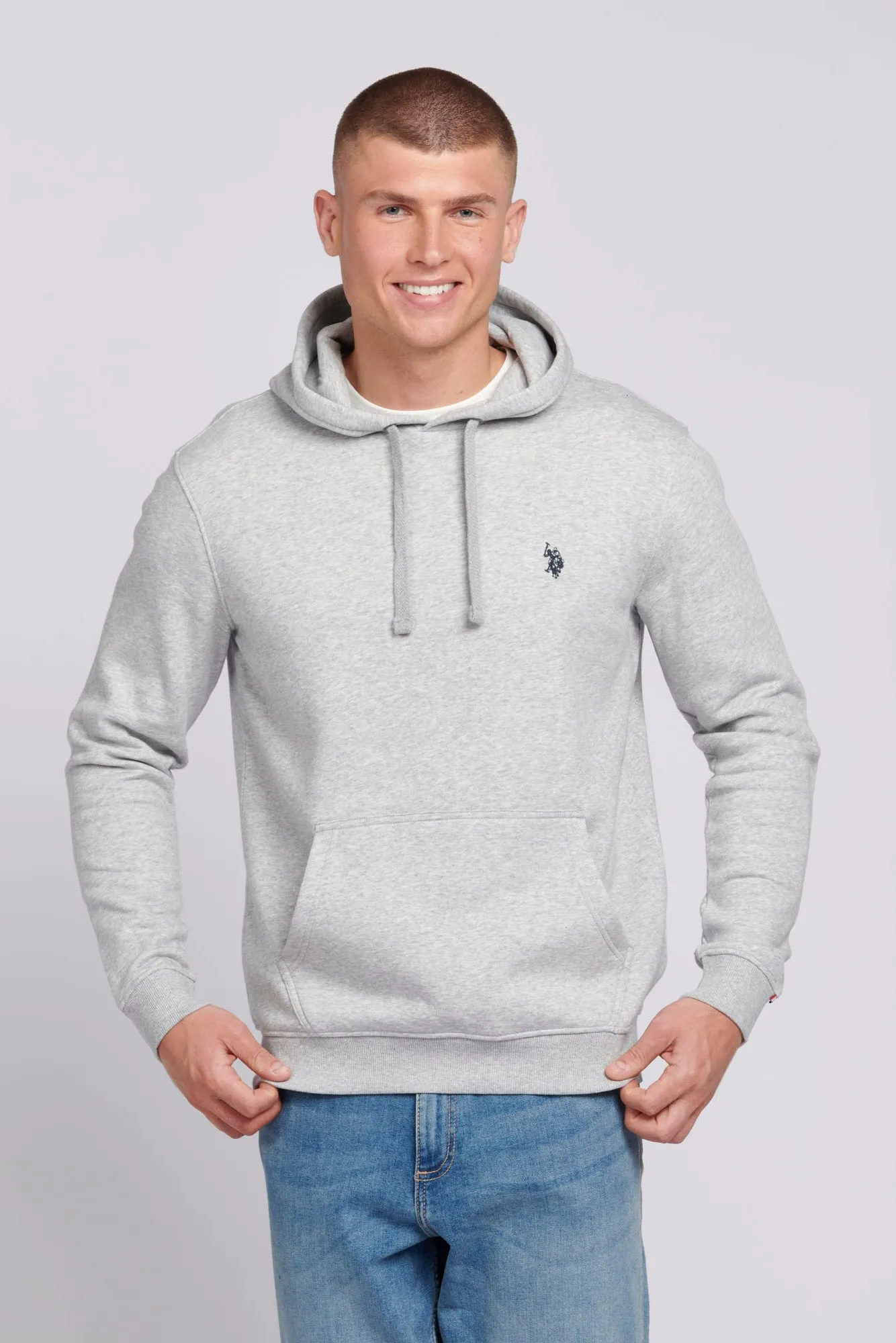 Mens Double Horsemen Hoodie in Mid Grey Marl