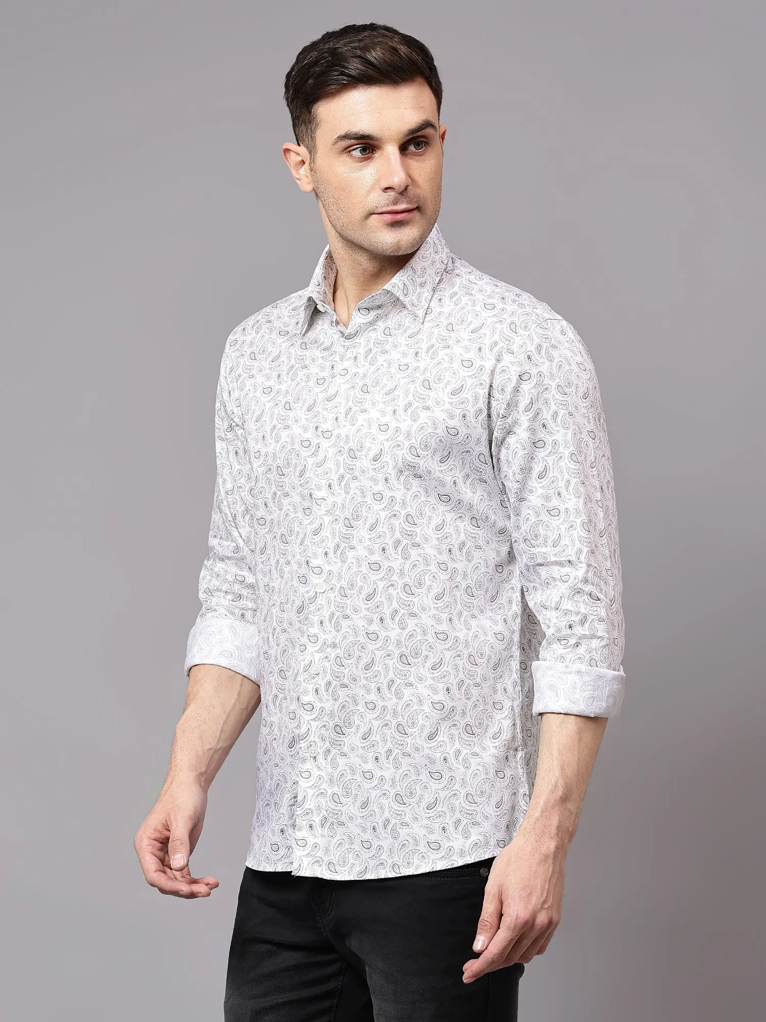 Men's White Party Paisley Print Full Sleeve Shirt