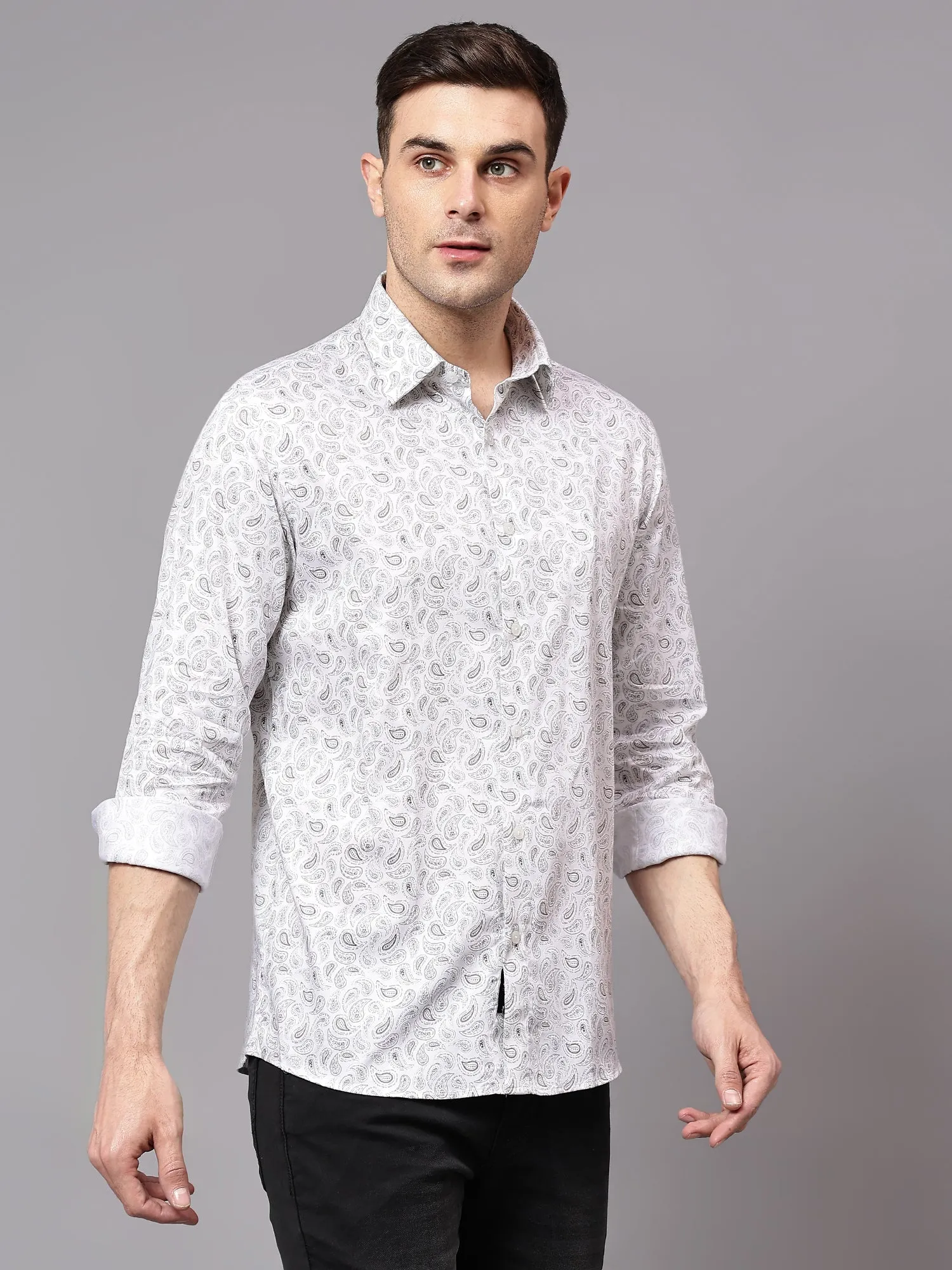 Men's White Party Paisley Print Full Sleeve Shirt