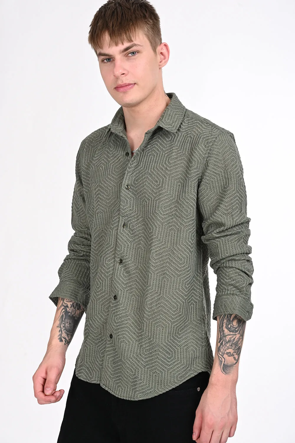 Olive Green Textured Regular Fit Shirt