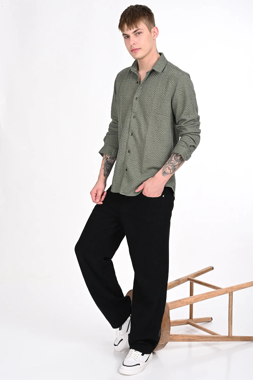 Olive Green Textured Regular Fit Shirt