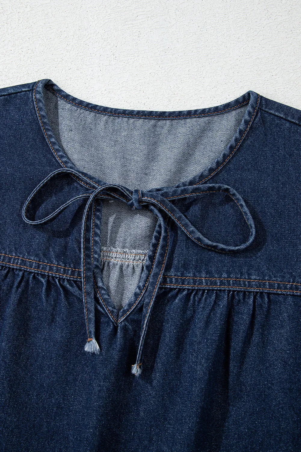 Sail Blue Puff Sleeve Lace-up Neckline Splicing Denim Blouse