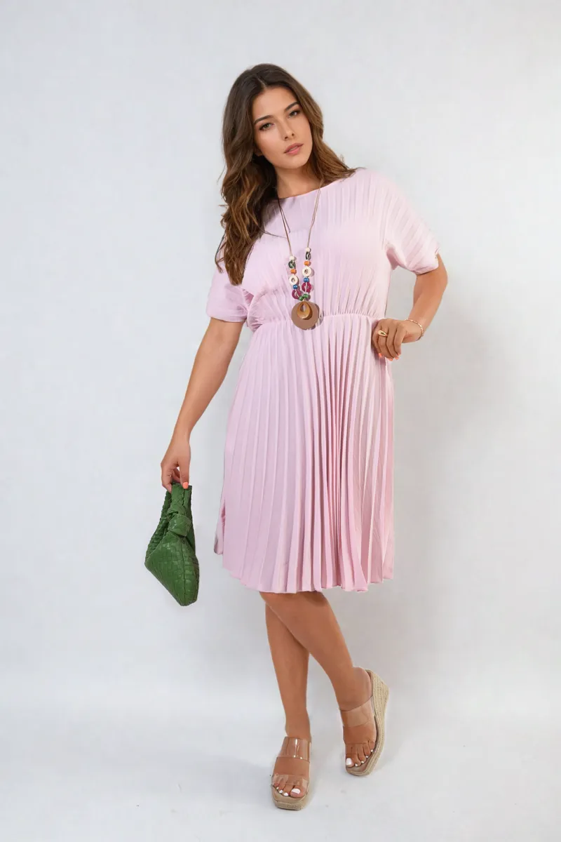 Short Sleeve Pleated Midi Dress